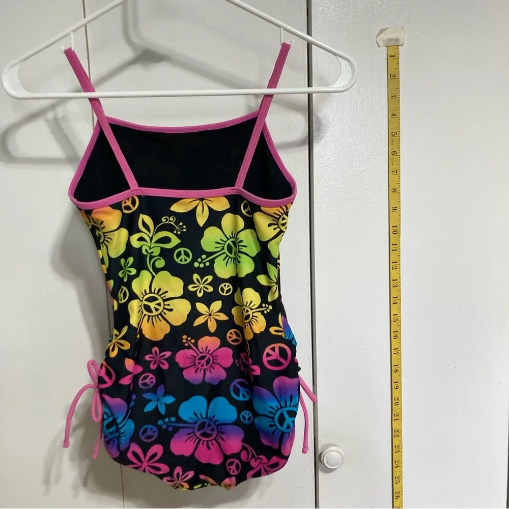 SO One Piece Peace and Flower Power Swimsuit Girls Size 10